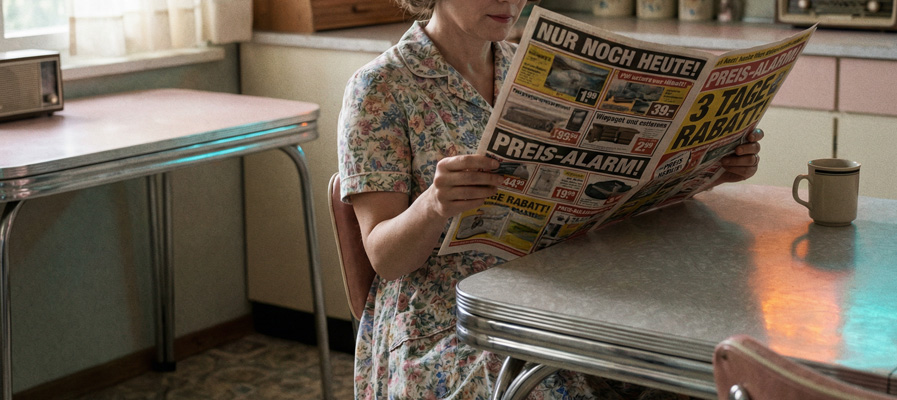 Eine Frau sitzt an einem Küchentisch und liest ein Anzeigenprospekt